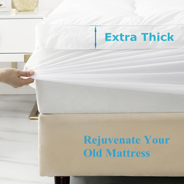 TESIONE Queen Mattress Topper - Extra Thick Mattress Pad Cover - Pillow Top with Soft Breathable Spiral Fiber Filling, 8-21 Inch Deep Pocket, Cooling, White