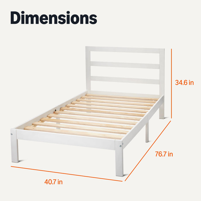 Amazon Basics Twin Bed Frame with Headboard, Solid Pine Wood with Bed Slats, Support, White