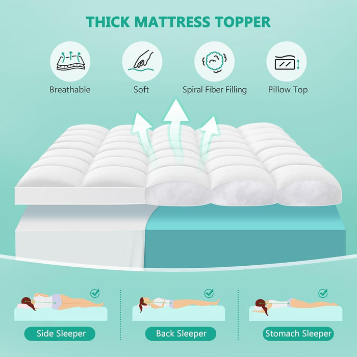 TESIONE Queen Mattress Topper - Extra Thick Mattress Pad Cover - Pillow Top with Soft Breathable Spiral Fiber Filling, 8-21 Inch Deep Pocket, Cooling, White