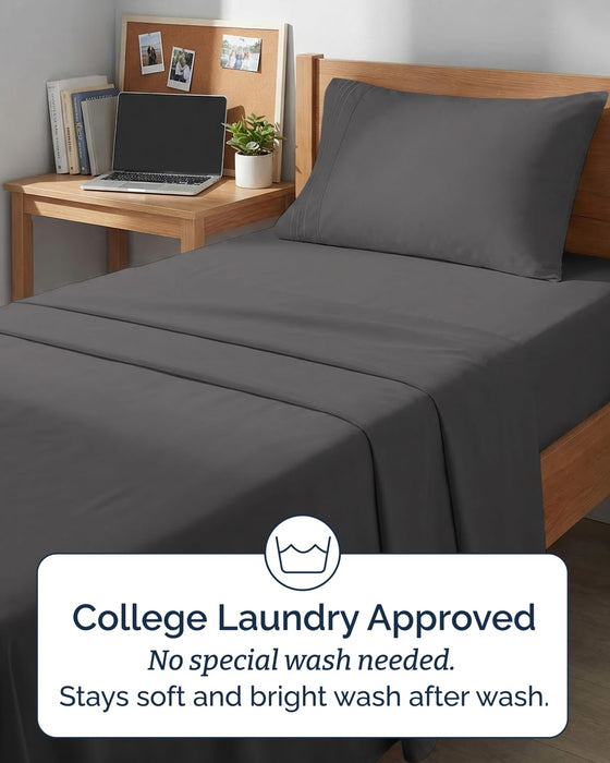 Twin XL 3 Piece Sheet Set - College Dorm Room Essentials - Dark Grey