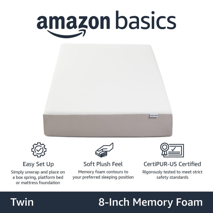 Amazon Basics Memory Foam Mattress, Soft Plush Feel, Breathable, Contours to Body, 8 Inch, Twin, White/Grey