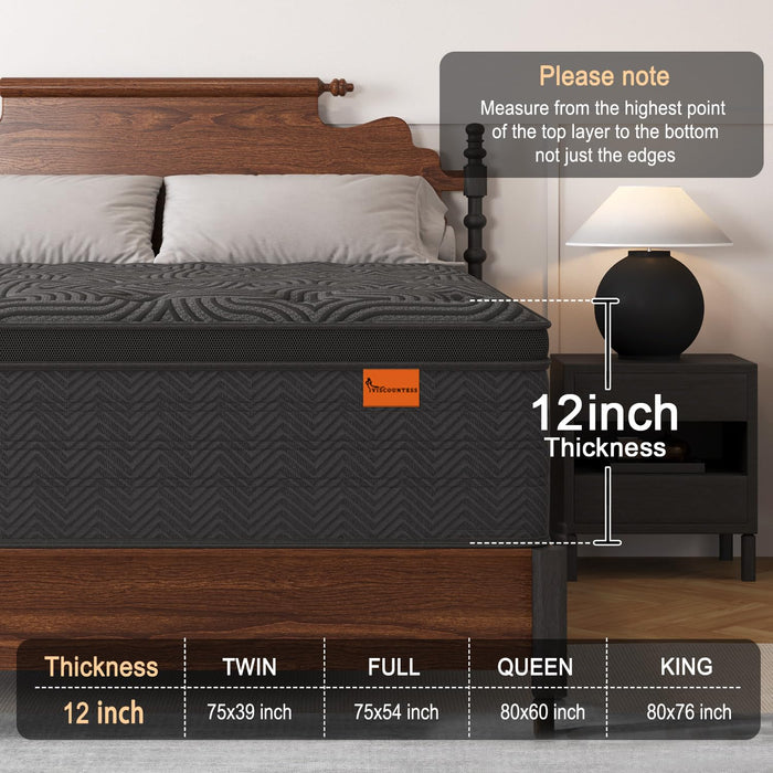 VISCOUNTESS King Size Mattress, 12 Inch Hybrid Mattresses with Durable Support, Motion Isolation & Individually Poctet, 100 Night Trial, Pressure Relief for Silent Sleep