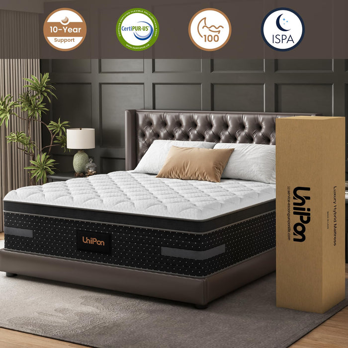 UniPon 14 inch Queen Size Mattress, Hybrid Mattress in a Box with Zoned Lumbar Support for Side Sleepers, Pressure Relief, Fiberglass Free, 365 Nights Trial, 10 Years Warranty