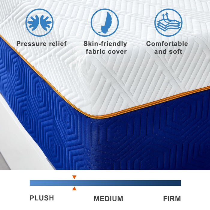 10 Inch Queen Memory Foam Mattress, Cooling Gel Infused Medium Firm Support Mattress for Kids and Adults, Breathable Pressure Relief, Fiberglass Free, 75''L x 54''W, Blue