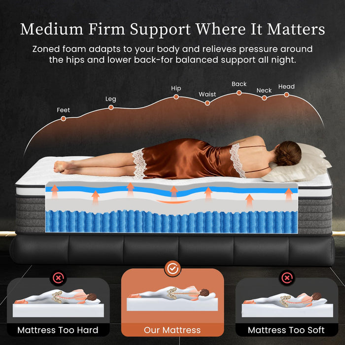 PUBPLON Queen Mattress 14 Inch Hybrid Queen Size-Gel Memory Foam Mattress in a Box, Individually Wrapped Pocket Spring, Pressure Relief Edge Support, Medium Firm