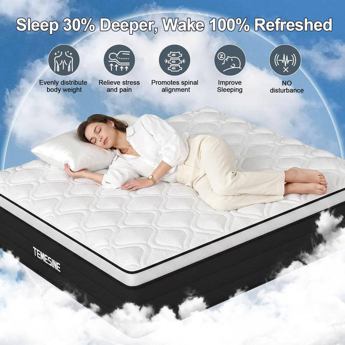 Queen Mattress, 12 Inch Hybrid Mattress in a Box with Individual Pocket Spring, Gel Memory Foam and Euro Top, Medium Firm Feel with Motion Isolation, Pressure Relief, Edge Support,Queen Size Black