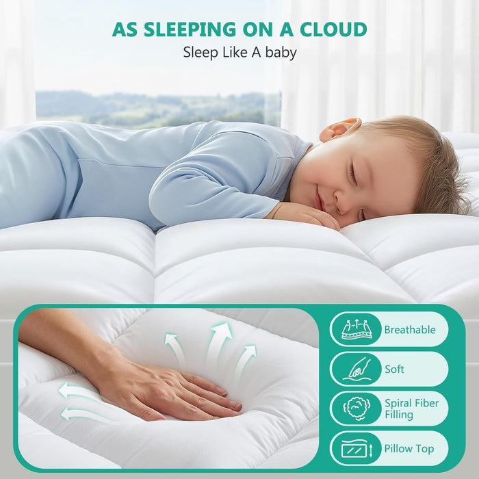 TESIONE Queen Mattress Topper - Extra Thick Mattress Pad Cover - Pillow Top with Soft Breathable Spiral Fiber Filling, 8-21 Inch Deep Pocket, Cooling, White