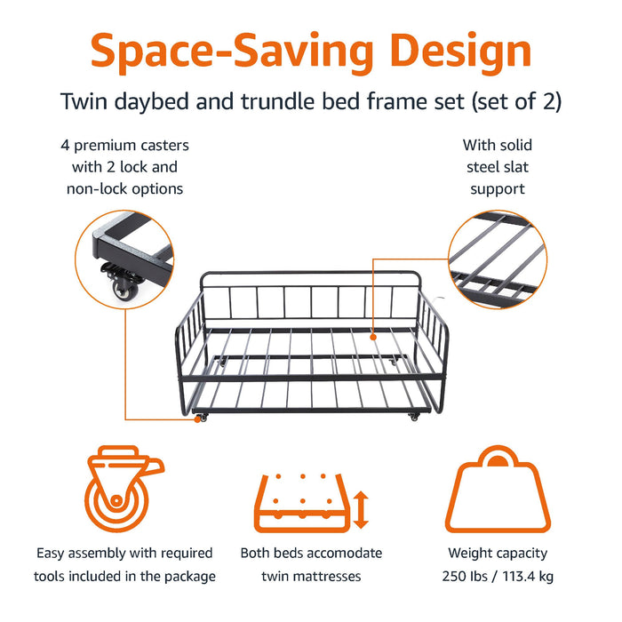 Amazon Basics Twin Daybed and Trundle Bed Frame Set, Space Saving Steel Slat Support, Easy Assembly, Twin Size, Black, 77.3 x 40 x 35.4 in