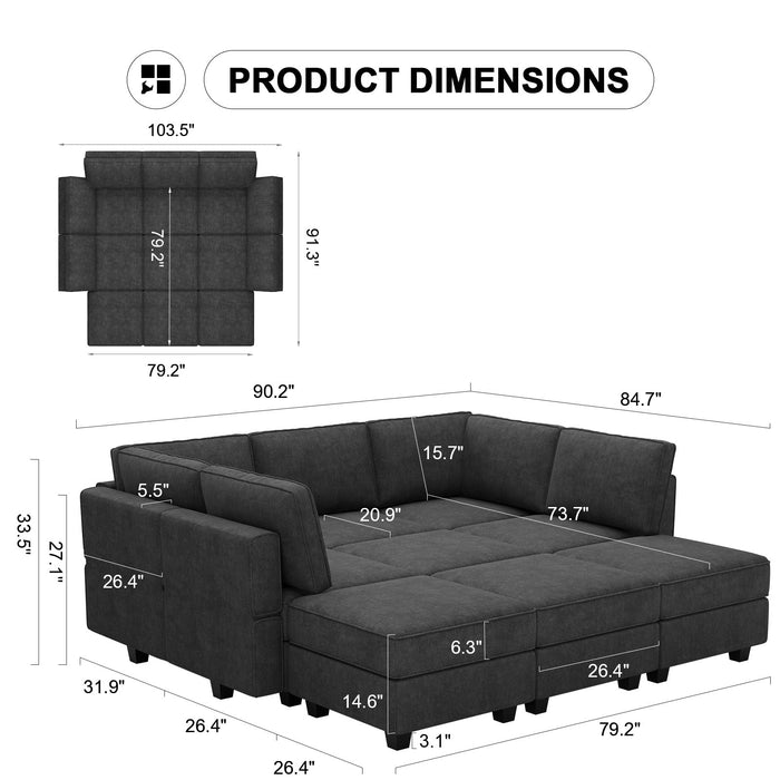 Belffin Modular Sectional Sleeper Sofa Couch with Storage Ottoman Convertible Sectional Couches for Living Room Terry Reversible Chaise. Black Sofa