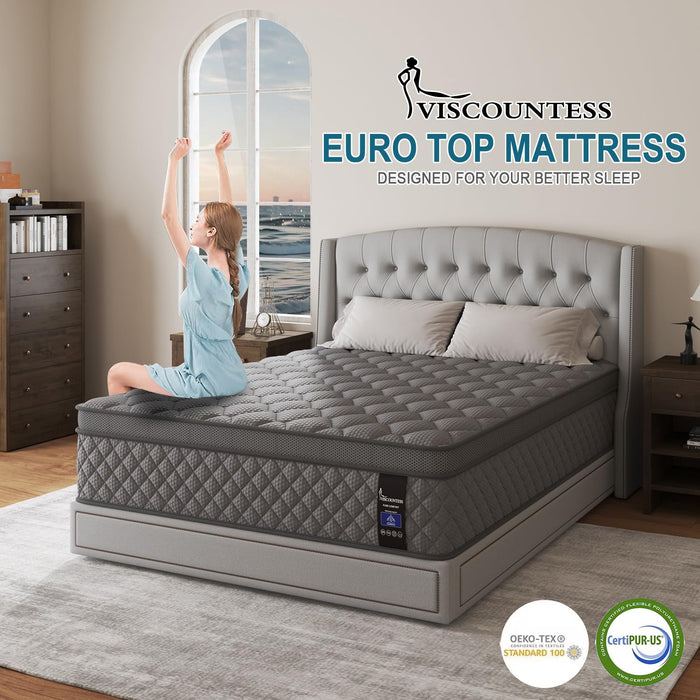 VISCOUNTESS Queen Mattress, 14 Inch Hybrid Mattresses Grey Euro Top Medium Firm for Back & Lumbar Support, 100 Night Trial, Individual Pocket Spring Bed for Motion Isolation & Pressure Relief