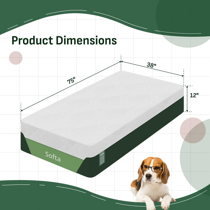 Softa 12 Inch Twin Cooling Gel Memory Foam Mattress, Viscose from Bamboo, 3-Layered Mattress with Green Tea Support, Medium Firmness, CertiPUR-US Certified, Washable, 10-Year Warranty, Bed-in-a-Box
