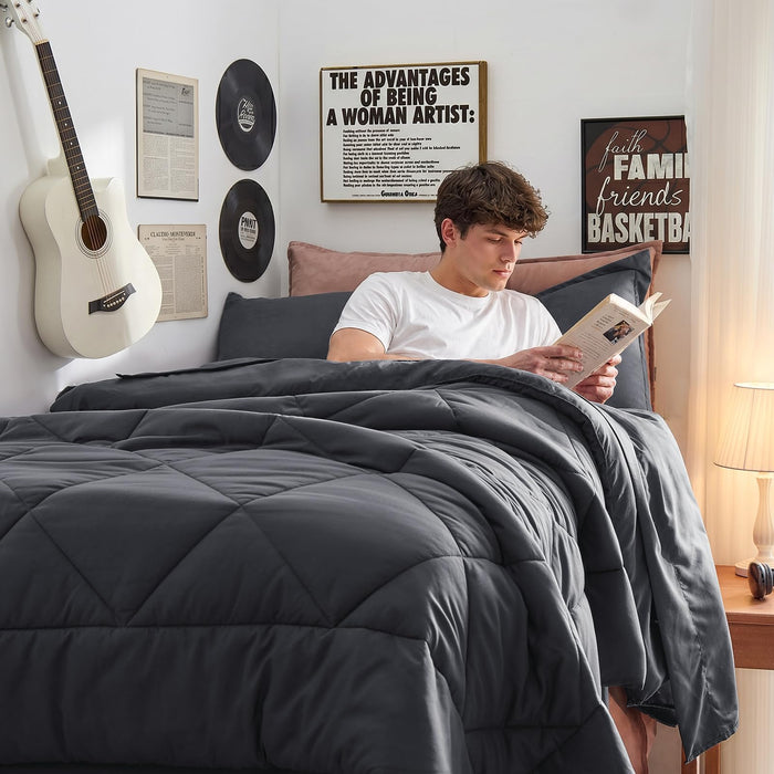 HEVUMYI Twin-XL Comforter Set - 5-Piece All Season Bed in a Bag Twin-XL, Ultra Soft Bedding Set with Comforter, Flat Sheet, Fitted Sheet, Pillowcases, Pillow Shams, Dark Grey