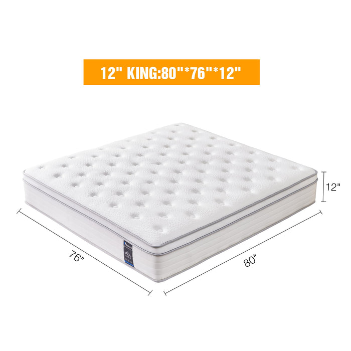 Madevos King Mattress, 12 Inch Hybrid Mattress in a Box, Memory Foam and Individual Pocket Springs, Fiberglass Free, Soft and Breathable, Medium Firm Feel