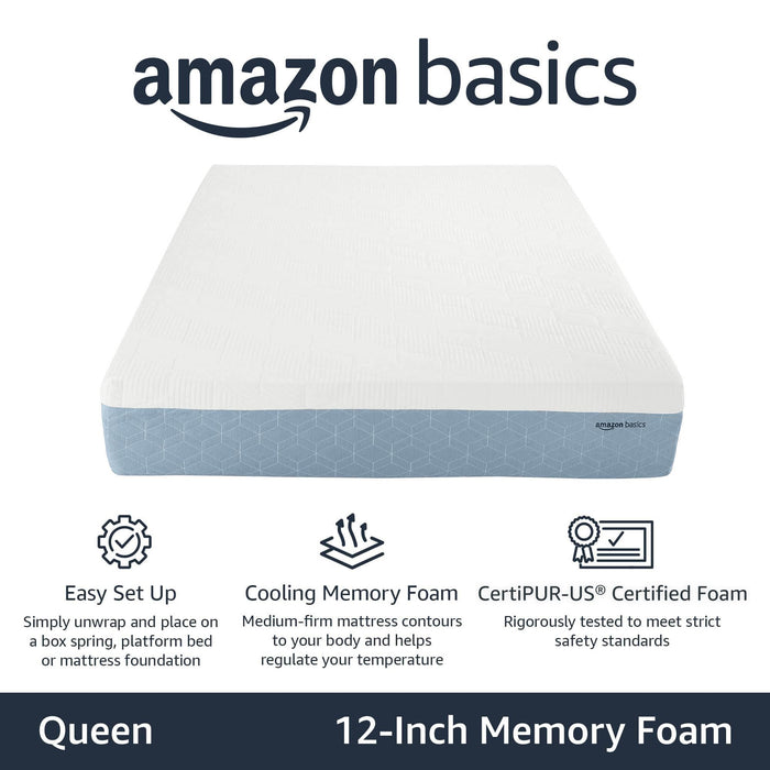 Amazon Basics Memory Foam Mattress, Medium Firm, Cooling Gel, Queen Size Mattress, CertiPUR-US® Certified Foam, 80 x 60 x 12 inches, White/Gray
