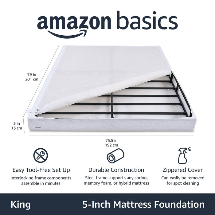 Amazon Basics Smart Box Spring Bed Base, 5-Inch Height Mattress Foundation, Tool-Free Easy Assembly, King, 79" x 75.5" x 5", White