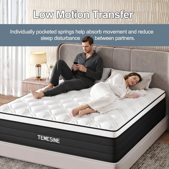 Queen Mattress, 12 Inch Hybrid Mattress in a Box with Individual Pocket Spring, Gel Memory Foam and Euro Top, Medium Firm Feel with Motion Isolation, Pressure Relief, Edge Support,Queen Size Black
