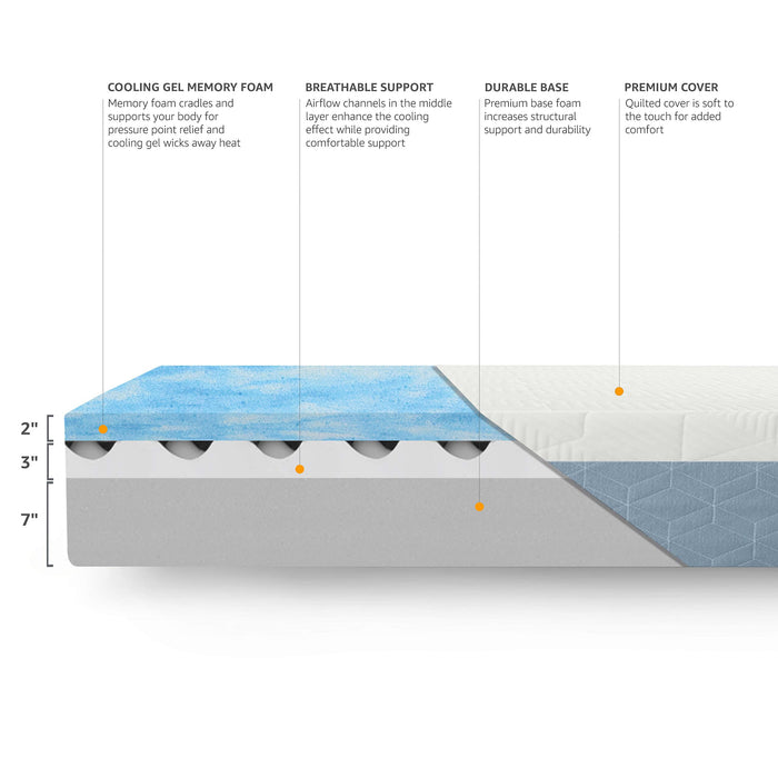 Amazon Basics Memory Foam Mattress, Medium Firm, Cooling Gel, Queen Size Mattress, CertiPUR-US® Certified Foam, 80 x 60 x 12 inches, White/Gray