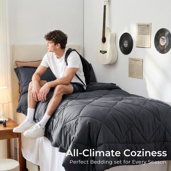 HEVUMYI Twin-XL Comforter Set - 5-Piece All Season Bed in a Bag Twin-XL, Ultra Soft Bedding Set with Comforter, Flat Sheet, Fitted Sheet, Pillowcases, Pillow Shams, Dark Grey
