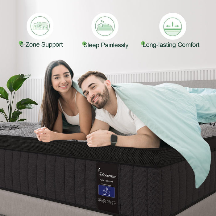 VISCOUNTESS Queen Mattress, 14 Inch Hybrid Mattresses Bed in a Box with Gel Memory Foam & Pocket Spring, Euro Top, Medium Firm for Back Support & Pressure Relief, Motion Isolation, Grey