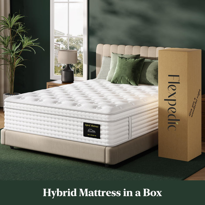 FP FLEXPEDIC Queen Mattress, 14 Inch Luxury Hybrid Mattresses, Fiberglass-Free Memory Foam Mattress in a Box, Individual Pocket Spring-Motion Isolation-Extra Edge Support,365 Nights Trial,CertiPUR-US