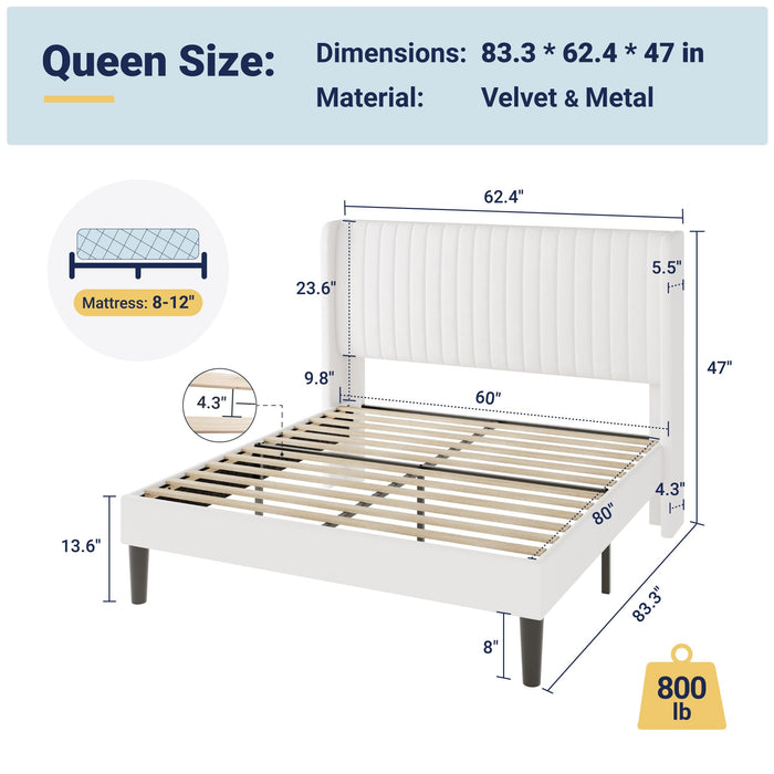 Allewie Queen Size Velvet Bed Frame/Vertical Channel Tufted Wingback Headboard/Upholstered Platform Bed/Strong Wooden Slats/No Box Spring Needed/Easy Assembly/White