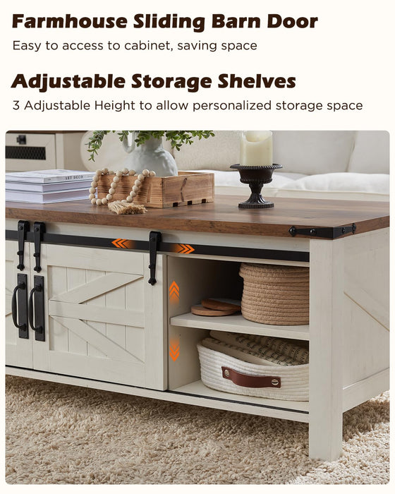 OKD 48" Farmhouse Lift Top Coffee Table with Sliding Barn Door,Rustic Center Table with Hidden Storage Compartment,Lifting Tabletop and Adjustable Shelf for Living Room,Office,Antique White