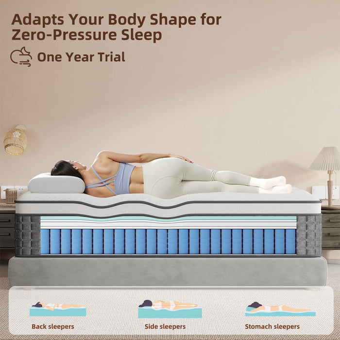Mattress Queen Size, Medium Firm 12 Inch Mattress with Extra Lumbar & Shoulder Support, Hybrid Mattresses with Gel Memory Foam Pain Relief - Fiberglass Free - No Odor - 365 Night Trial