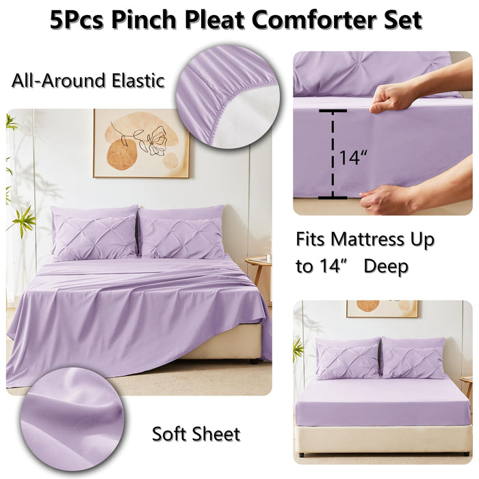 CozyLux Twin XL Comforter Set Lavender, 5 Pieces Pintuck Bed in a Bag