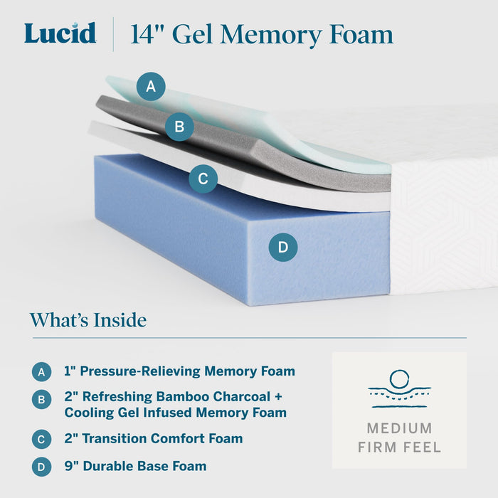 Lucid 14 Inch Memory Foam Mattress - Medium Firm Feel - Infused with Refreshing Bamboo Charcoal and Cooling Gel - Bed in a Box - Temperature Regulating - Pressure Relief - Breathable - Queen Size