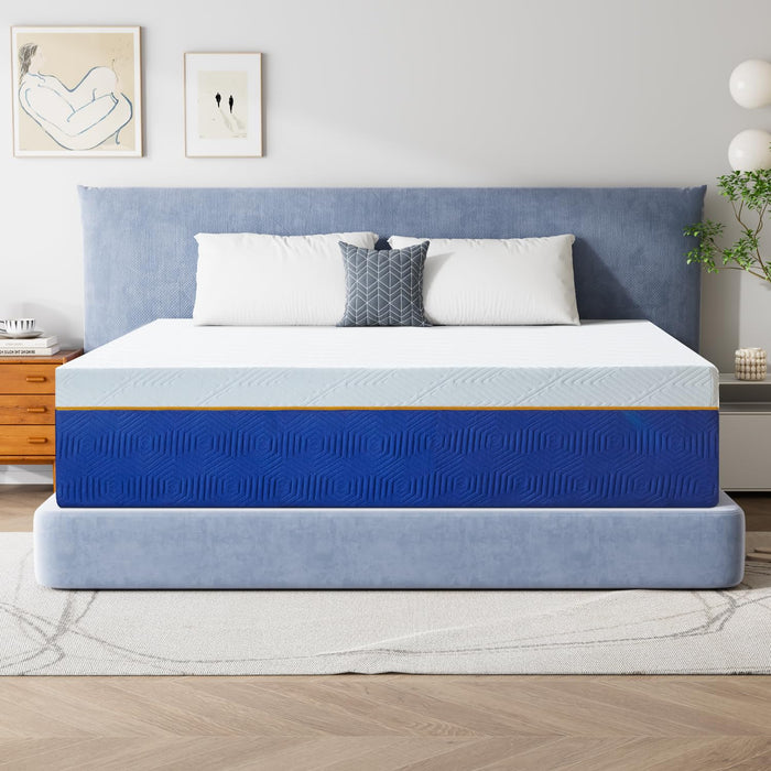 10 Inch Queen Memory Foam Mattress, Cooling Gel Infused Medium Firm Support Mattress for Kids and Adults, Breathable Pressure Relief, Fiberglass Free, 75''L x 54''W, Blue