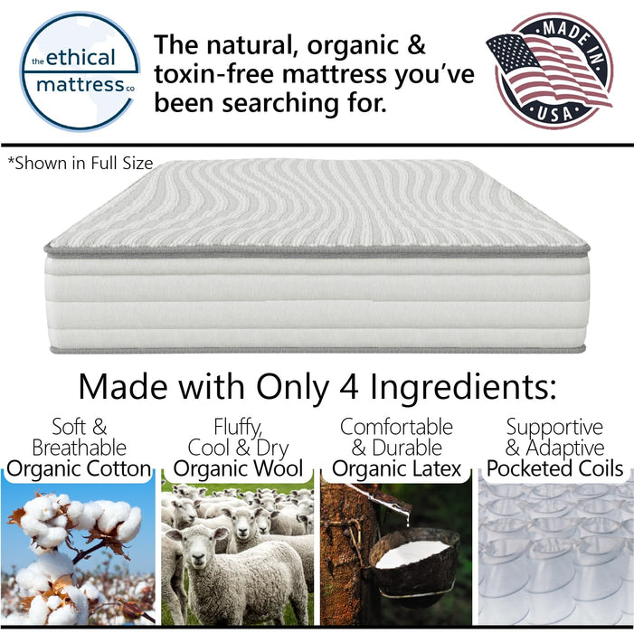 Ethical Mattress CO 10" Toxin-Free Hybrid Mattress, Made in The USA with Organic Cotton, Wool, Latex & Pocketed Coils (No Fiberglass or Polyfoams) Comfortable & Supportive Bed-in-Box - Twin Size