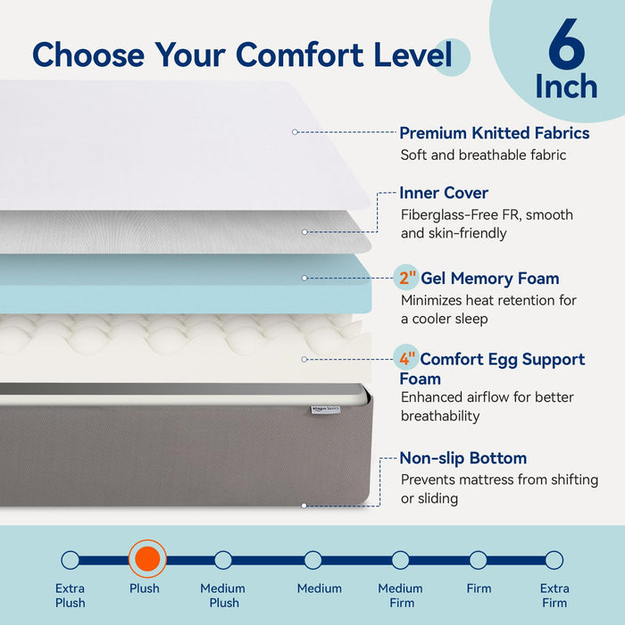 Amazon Basics Breathable Memory Foam Mattress, Soft Plush Feel, 6 Inch, Queen, White/Grey, 80 x 60 x 6 inches (LxWxH)