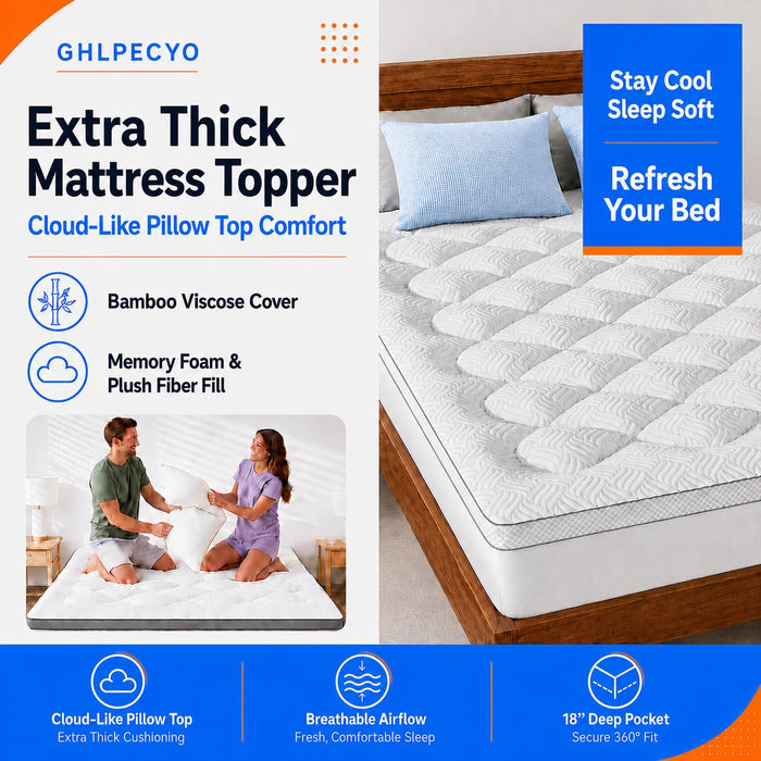 GHLPECYO 3 Inch Extra Thick Queen Size Mattress Topper, Cloud-Like Pillow Top Mattress Pad with Bamboo Viscose & Memory Foam Filling, 18‘’ Deep Pocket Bed Topper, Breathable Air Mesh Sides, White