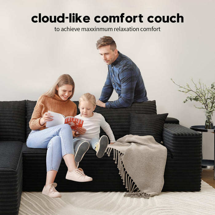 107.5" Cloud Modular Sectional Sofa Couch with L-Shape Chaise,Modern Minimalist Upholstered Couches for Living Room Bedroom,Deep Seat Corner Couch，No Assembly Required (Black,Left Facing Chaise)