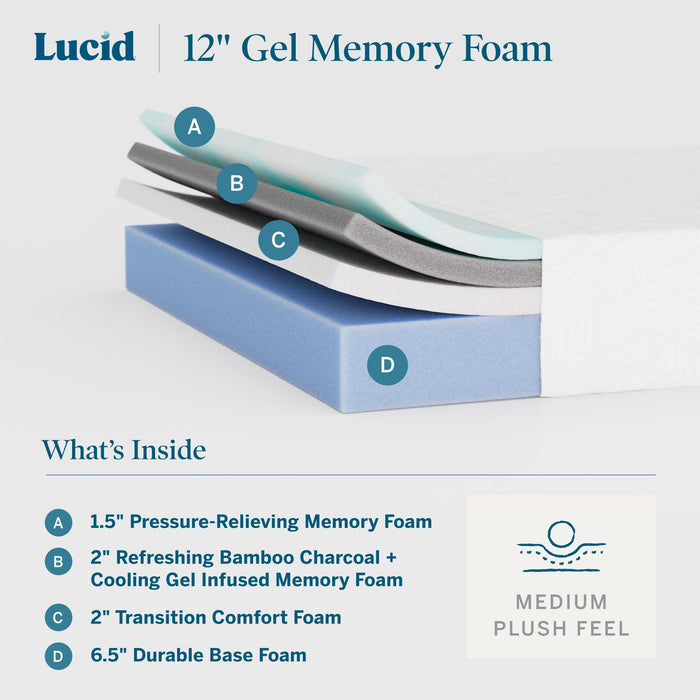 Lucid 12 Inch Memory Foam Mattress - Medium Plush Feel - Infused with Refreshing Bamboo Charcoal and Cooling Gel - Bed in a Box - Temperature Regulating - Pressure Relief - Breathable - Queen Size