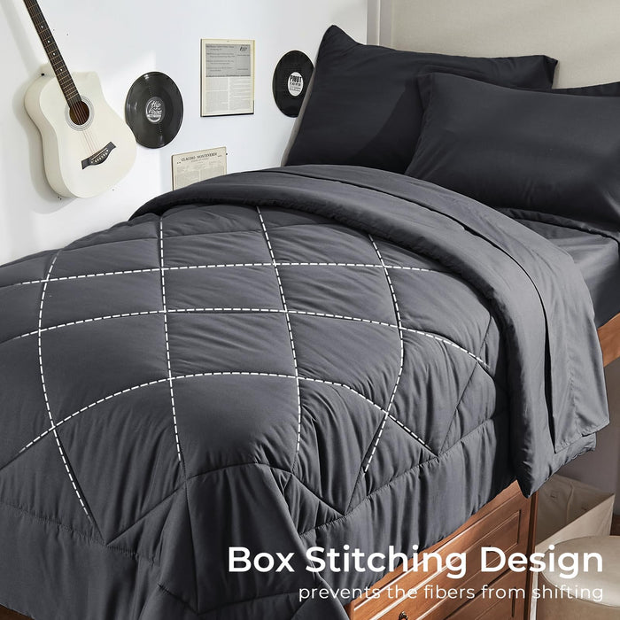 HEVUMYI Twin-XL Comforter Set - 5-Piece All Season Bed in a Bag Twin-XL, Ultra Soft Bedding Set with Comforter, Flat Sheet, Fitted Sheet, Pillowcases, Pillow Shams, Dark Grey
