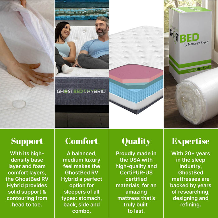 GhostBed 10" Short King RV Mattress - Memory Foam & Hybrid Coils, Medium Feel, Made in USA