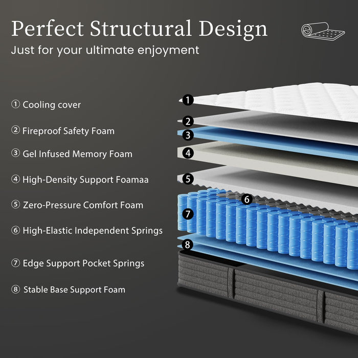 PUBPLON Queen Mattress 14 Inch Hybrid Queen Size-Gel Memory Foam Mattress in a Box, Individually Wrapped Pocket Spring, Pressure Relief Edge Support, Medium Firm