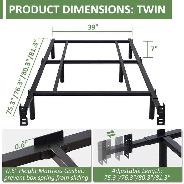 Mashomdec Twin Metal Bed Frame, 7 Inch Low Heavy Duty Platform Bed Frames Twin Size for Box Spring and Mattress, Easy Assembly, Noise-Free, Adjustable, Black