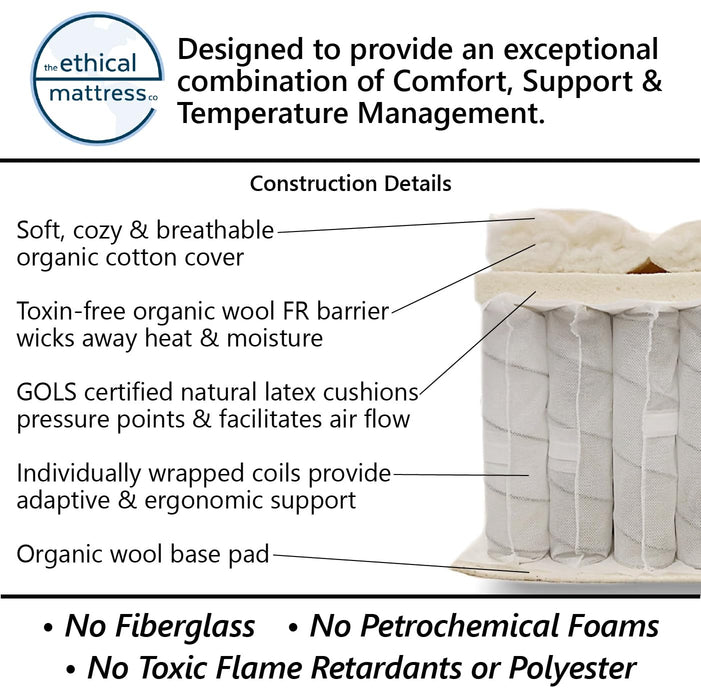 Ethical Mattress CO 10" Toxin-Free Hybrid Mattress, Made in The USA with Organic Cotton, Wool, Latex & Pocketed Coils (No Fiberglass or Polyfoams) Comfortable & Supportive Bed-in-Box - Twin Size