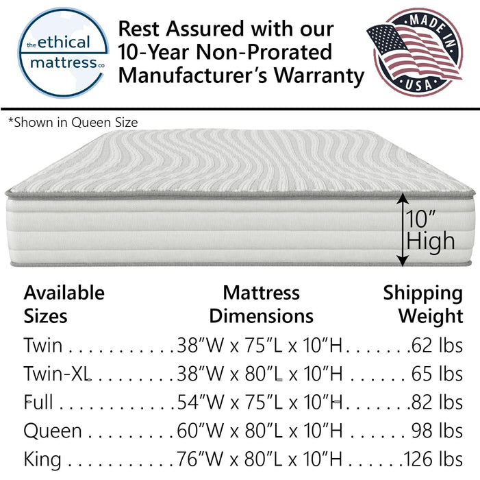 Ethical Mattress CO 10" Toxin-Free Hybrid Mattress, Made in The USA with Organic Cotton, Wool, Latex & Pocketed Coils (No Fiberglass or Polyfoams) Comfortable & Supportive Bed-in-Box - Twin Size