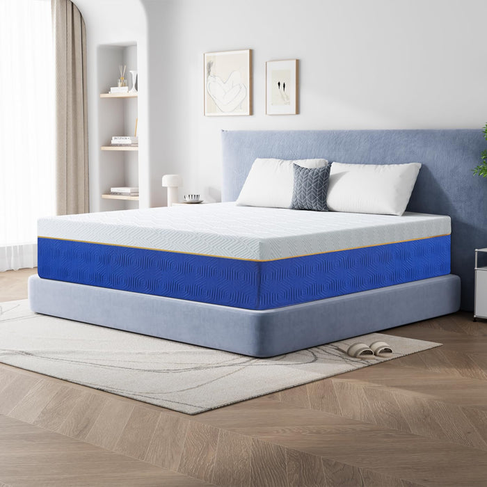 10 Inch Queen Memory Foam Mattress, Cooling Gel Infused Medium Firm Support Mattress for Kids and Adults, Breathable Pressure Relief, Fiberglass Free, 75''L x 54''W, Blue