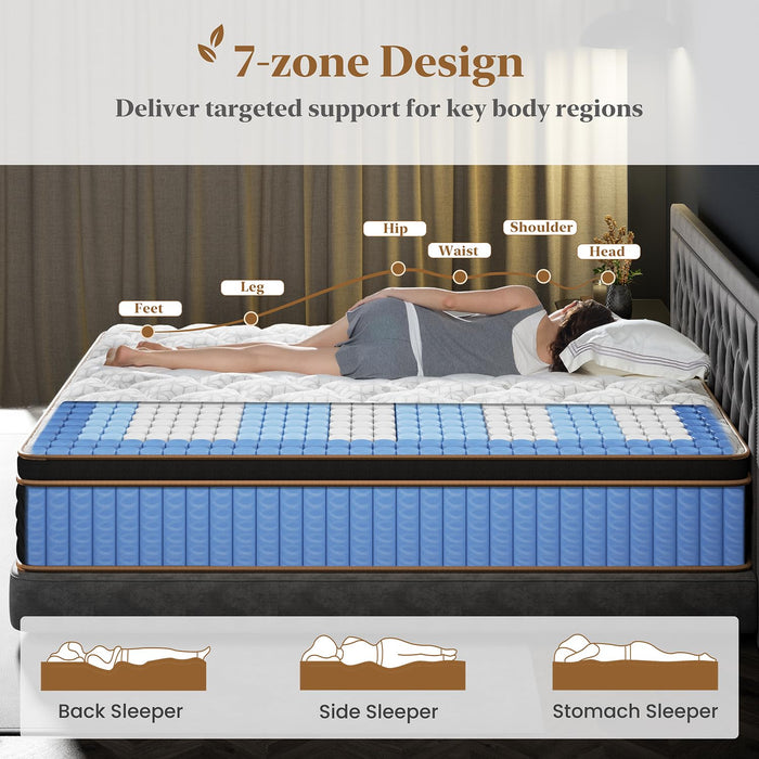 Queen Mattress 14 Inch, Cooling Hybrid Bed in a Box, Individual Pocket Springs, Motion Isolation, Targeted Hip/Shoulder/Lumbar Support, Fiberglass-Free, Ergonomic Zones, 365-Night Trial, CertiPUR-US