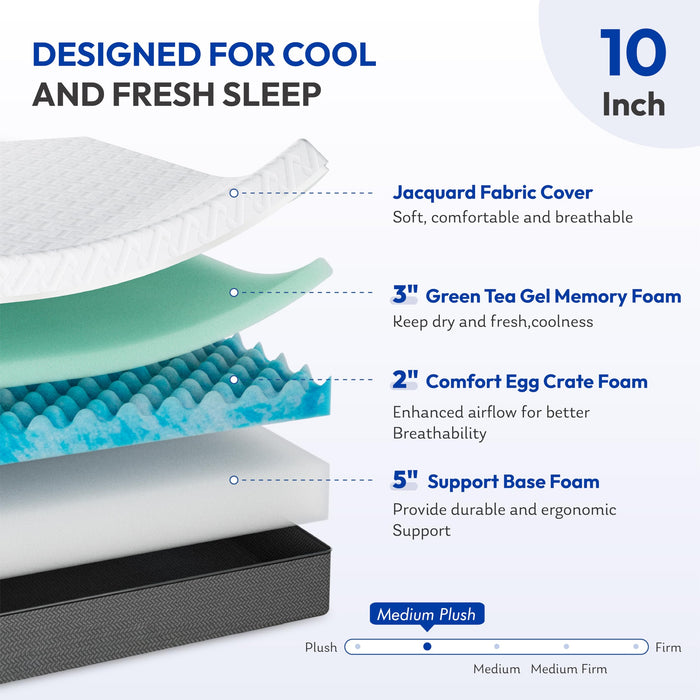 Gelsea Queen Mattress 10 Inch for Cool Sleep & Pressure Relief, Gel-Infused Green Tea Memory Foam, Medium Plush Support with Egg-Crate Design, CertiPUR-US Certified, Fiberglass Free Bed in a Box