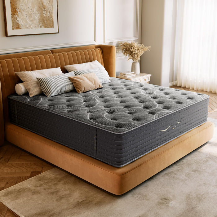 TXO 14 Inch Cashmere Hybrid Queen Mattress in a Box, Dual-Sided Medium Firm & Firm, Cooling Gel Memory Foam Mattress, Pocket Springs for Motion Isolation, Pressure Relief, CertiPUR-US Certified