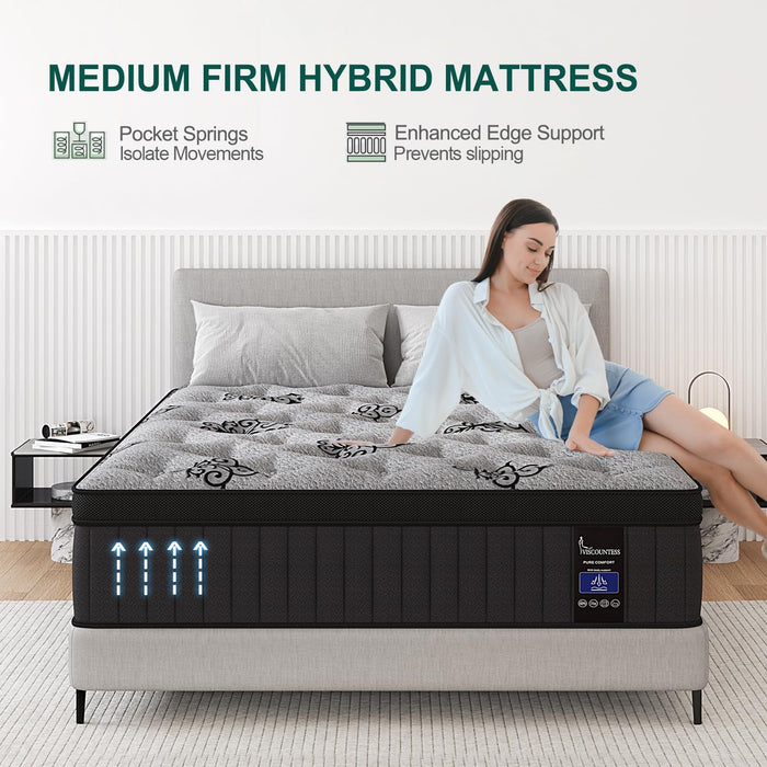 VISCOUNTESS Queen Mattress, 14 Inch Hybrid Mattresses in Box with Gel Memory Foam & Pocket Spring, Euro Top, Medium Firm for Back Support & Pressure Relief, Motion Isolation, Grey