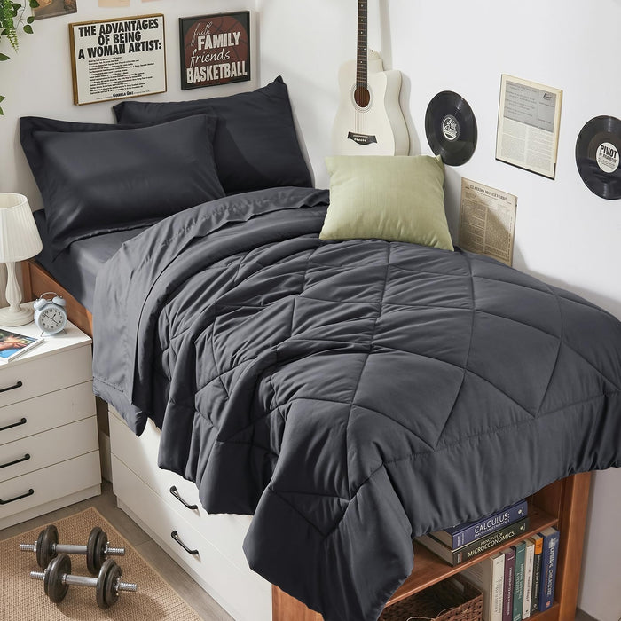 HEVUMYI Twin-XL Comforter Set - 5-Piece All Season Bed in a Bag Twin-XL, Ultra Soft Bedding Set with Comforter, Flat Sheet, Fitted Sheet, Pillowcases, Pillow Shams, Dark Grey