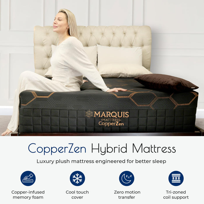 CopperZen - 15-Inch - Queen Mattress - Luxury Plush Copper & Graphite Infused Memory Foam Mattress - Motion Isolation, Pressure Relief – Made in US