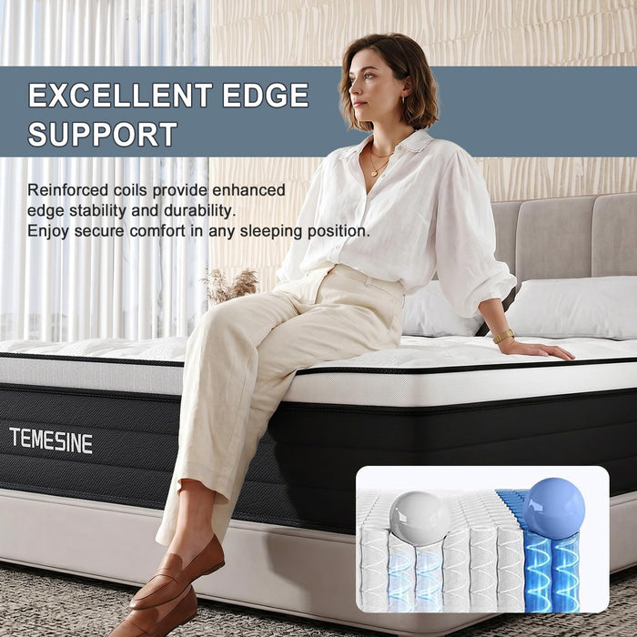 Queen Mattress, 12 Inch Hybrid Mattress in a Box with Individual Pocket Spring, Gel Memory Foam and Euro Top, Medium Firm Feel with Motion Isolation, Pressure Relief, Edge Support,Queen Size Black
