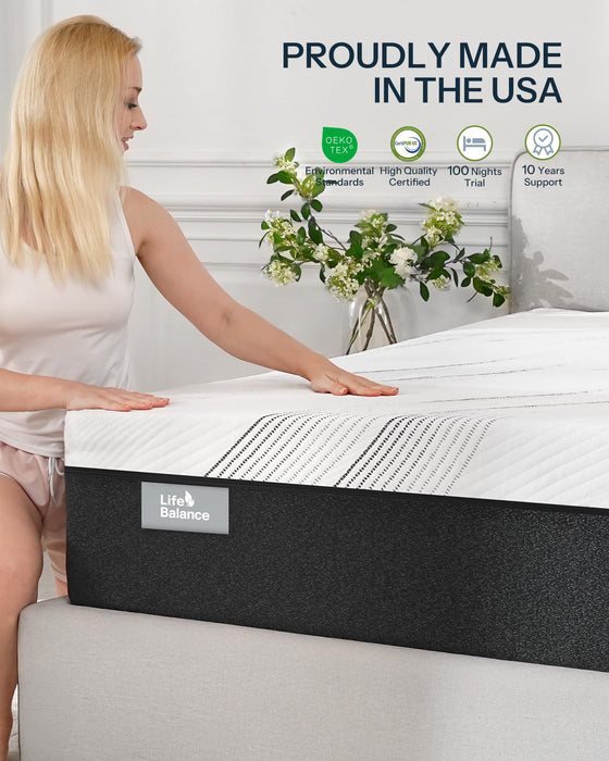 Life Balance Queen Hybrid Mattress 12 Inch, Made in USA, Medium, Copper Gel Memory Foam， Hypoallergenic & Odorless, Motion Isolation & Pressure Relief, Mattress in a Box